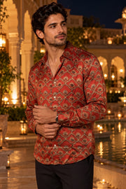 Rust Red Ajarkh Printed Vegan Modal Silk Mens Shirt 10078098