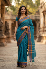Sea Wave Blue Handloom Kanchi Cotton Saree with Checks and Peacock Border 10076470