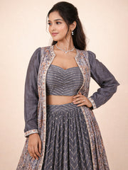 Grey Net Silk Embroidered Jacket Lehenga 10076888