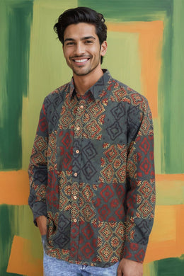 Green Full Sleeve Ajrakh Printed Cotton Mens Shirt 10073165