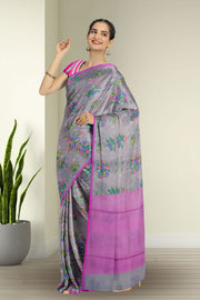 Grey Chanderi Printed Silk Cotton Saree 10075361