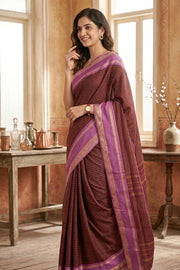 Brown Vegan Silk Kanjivaram Saree With Stripes Design 10076340