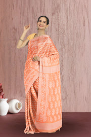 Peach Handloom Jamdani Style Cotton Saree 10072416