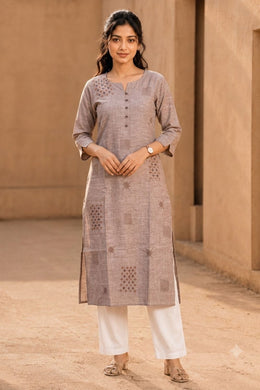 Brown Hand Embroidered Cotton Kurta 10077676