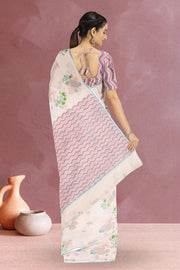 Off White Printed Chanderi Saree 10064655
