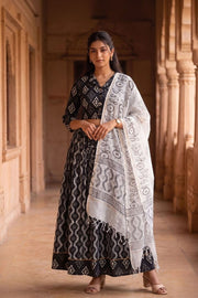 Black Hand Block Printed Cotton Chaniya Choli With Kota Doria Dupatta 10066319