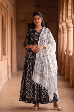 Black Hand Block Printed Cotton Chaniya Choli With Kota Doria Dupatta 10066319