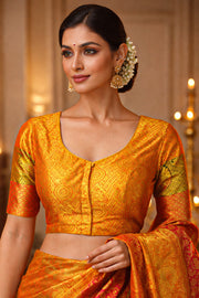 Golden Mustard Yellow Kanjivaram Silk Blouse With Paisley Motifs And Floral Motifs 10076621