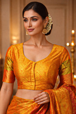 Golden Mustard Yellow Kanjivaram Silk Blouse With Paisley Motifs And Floral Motifs 10076621
