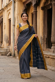 Navy Blue Vegan Silk Kanjivaram Saree With Checks Design 10077939