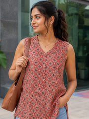 Red Ajrakh Printed Women Sleevless Shirt 10077189