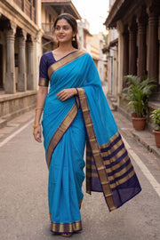 Tropical Sky Blue Mysore Crepe Silk Saree With Zari Border 10076264