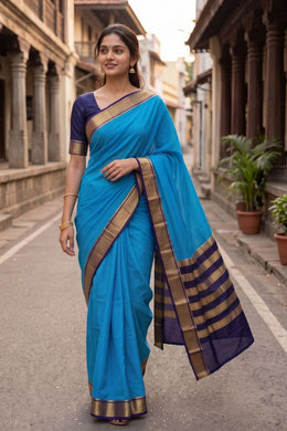 Tropical Sky Blue Mysore Crepe Silk Saree With Zari Border 10076264