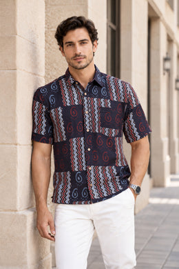 Black Half Sleeve Ajrakh Printed Cotton Mens Shirt 10073173