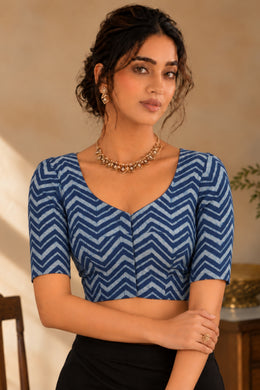 Blue Indigo Hand Block Print Cotton Blouse 10078148