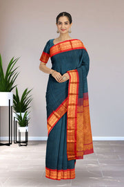 Teal Blue Handloom Gadwal Kuttu Cotton Saree 10061425