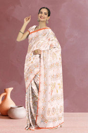 Cream Kalamkari Kantha Printed Malai Cotton Saree 10074903