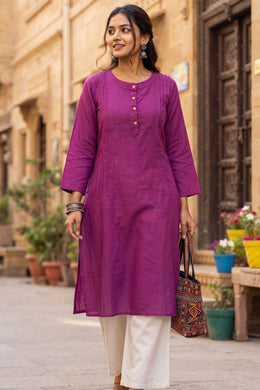 Bright Purple Handcrafted Slub Cotton Kurta 10077425