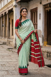 Light Mint Green Kanjivaram Vegan Silk Saree with Temple Border 10077947