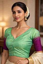 Mint Whisper Green Kanjivaram Soft Silk Blouse With Contrast Border 10076632