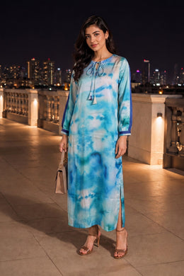 Blue Printed Vegan Charmeuse Silk Dress 10074048