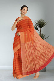 Red Hand Block Printed Chanderi Saree 10030037