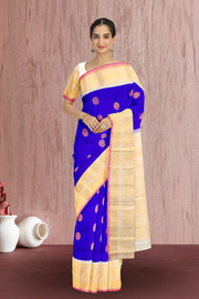 Gadwal Kuttu Weave Handloom Silk Saree in Royal Blue with Cream Peacock Motif Border 10062948