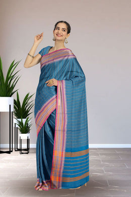Blue Handloom Chettinad Cotton Saree Without Blouse 10075147