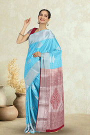 Blue Kanjivaram Vegan Silk Saree with Contrast Pallu 10074867