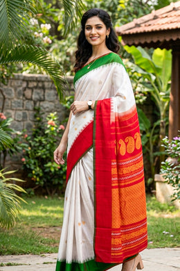 White Handloom Gadwal Kuttu Cotton Saree With Silk Zari Border 10077072