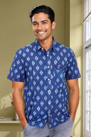 Indigo Handblock Print Pre-Washed Pure Cotton Shirt 10074407