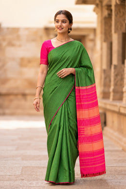 Green Kanjivaram Pure Silk Saree with Zari Checks 10077902