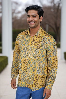 Yellow Full Sleeve Ajrakh Printed Cotton Mens Shirt 10072911