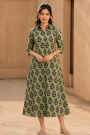 Green Hand Block Printed Cotton Dress 10077645