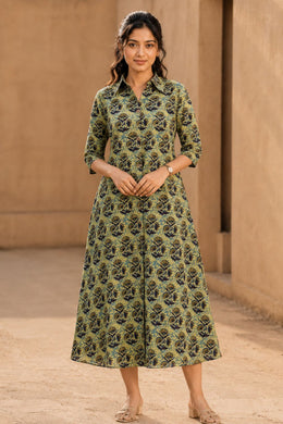 Green Hand Block Printed Cotton Dress 10077645