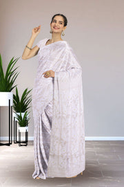 White Handloom Jamdani Style Cotton Saree with Blouse 10074215