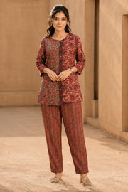 Rustic Brown Hand Embroidered Cotton Top & Pant Set 10077650