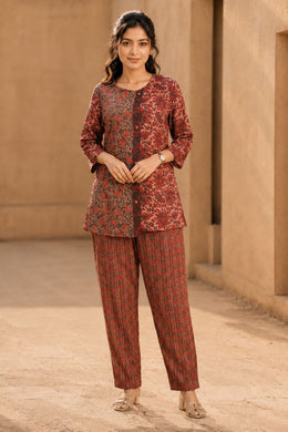 Rustic Brown Hand Embroidered Cotton Top & Pant Set 10077650