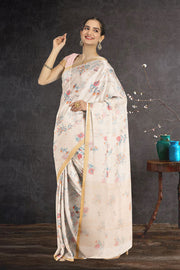Cream Handloom Printed Chanderi Saree 10071045