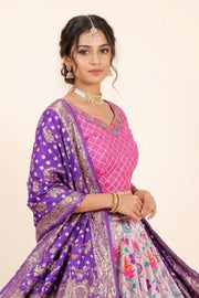 Pink Handcrafted Paithani Lehenga - 10065968