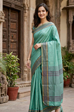 Green Vegan Silk Kanjivaram Saree With Checks Design 10076308