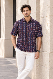 Brown Half Sleeve Jahota Printed Cotton Mens Shirt 10072990