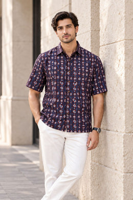 Brown Half Sleeve Jahota Printed Cotton Mens Shirt 10072990