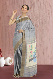 Grey Handloom Paithani Cotton Saree with Silk Pallu 10068437