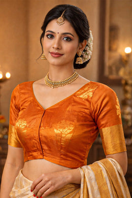 Pumpkin Glow Brown Kanjivaram Soft Silk Blouse With Floral Motifs 10076606