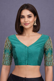 Teal Green Aari Embroidered Tussar Silk Blouse 10070443