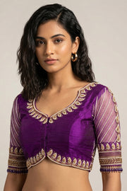 Purple Aari Embroidered Tussar Silk Blouse 10068922