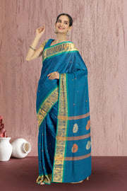 Blue Handloom Chettinad Cotton Saree Without Blouse 10072574