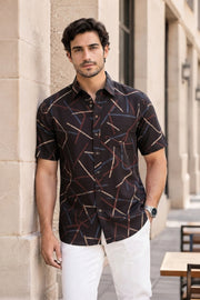 Black Ajrakh Printed Half Sleeve Cotton Mens Shirt 10076824