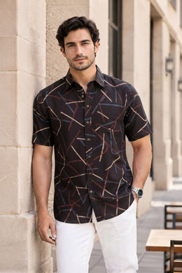 Black Ajrakh Printed Half Sleeve Cotton Mens Shirt 10076824